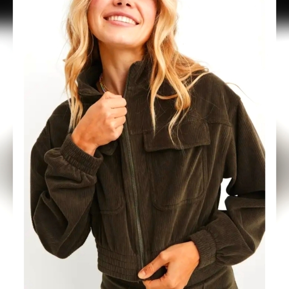 AERIE Cropped Velour Green Ribbed Jacket sz L